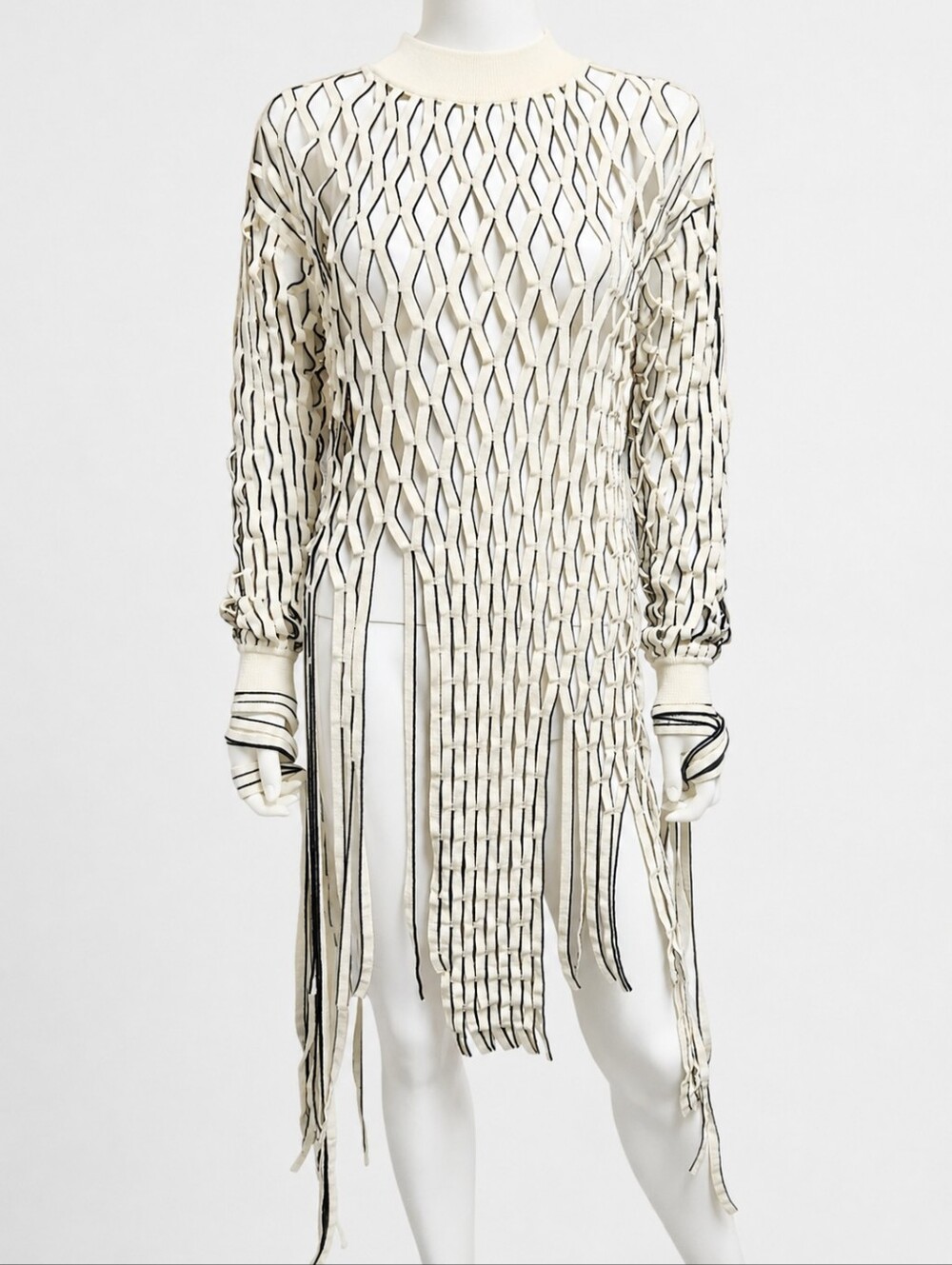 1017 ALYX 9SM | Palma Jumper – Open Weave Fringe Tunic Dress, Ivory/Black XS
